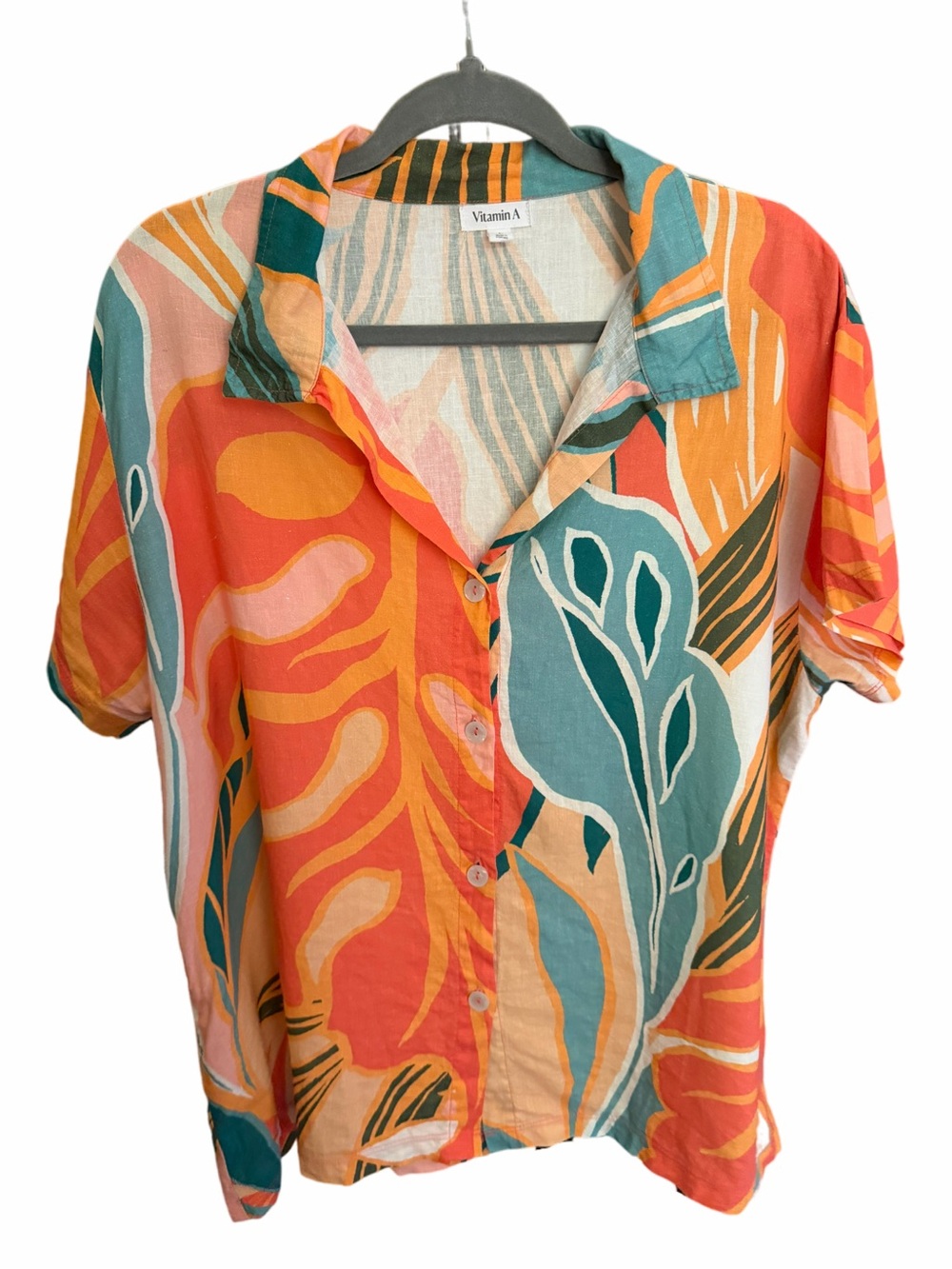 Vitamin A Playa Retro Jungle Button Down Linen Blend Top